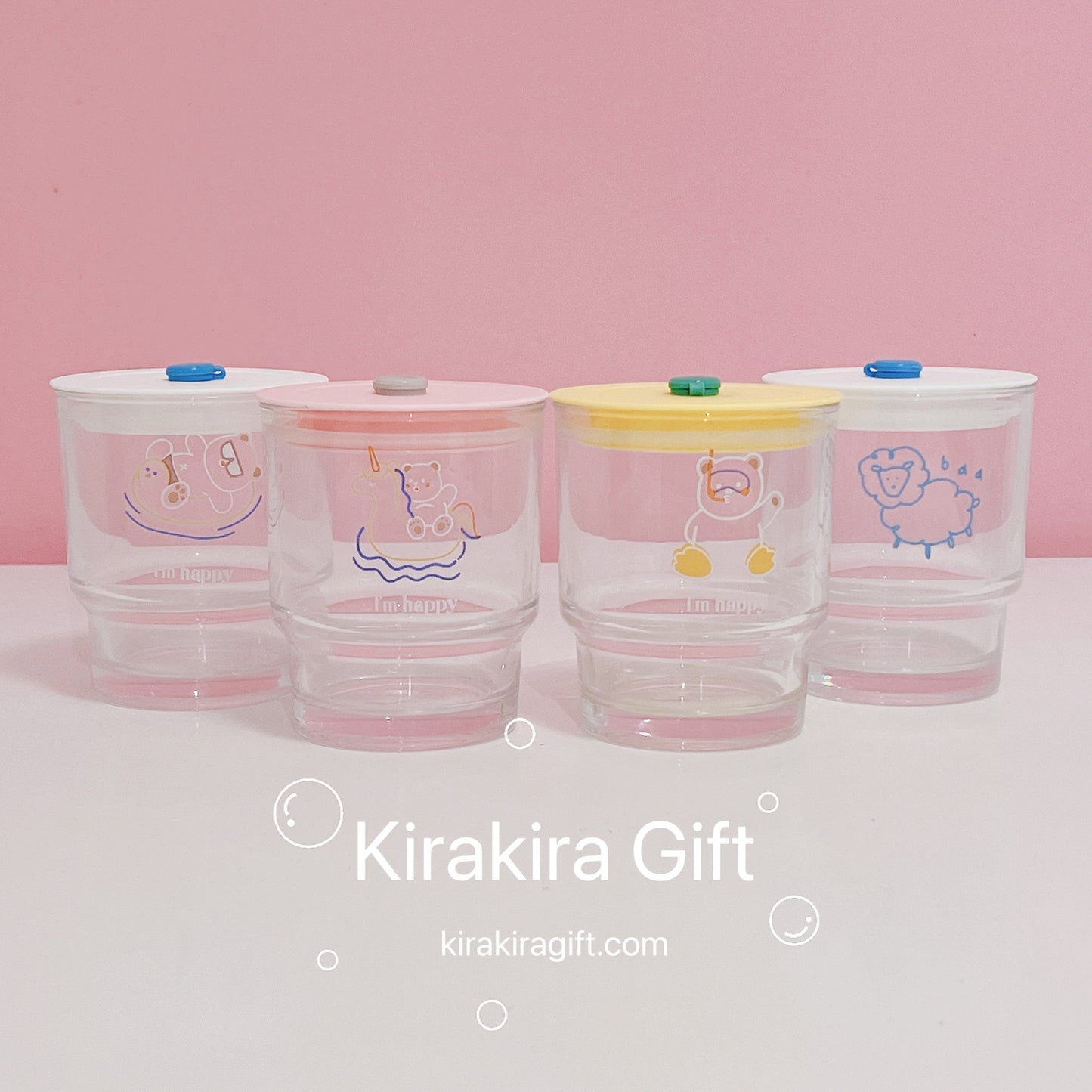 Cute Juice Cups with Lids & Glass Straws
