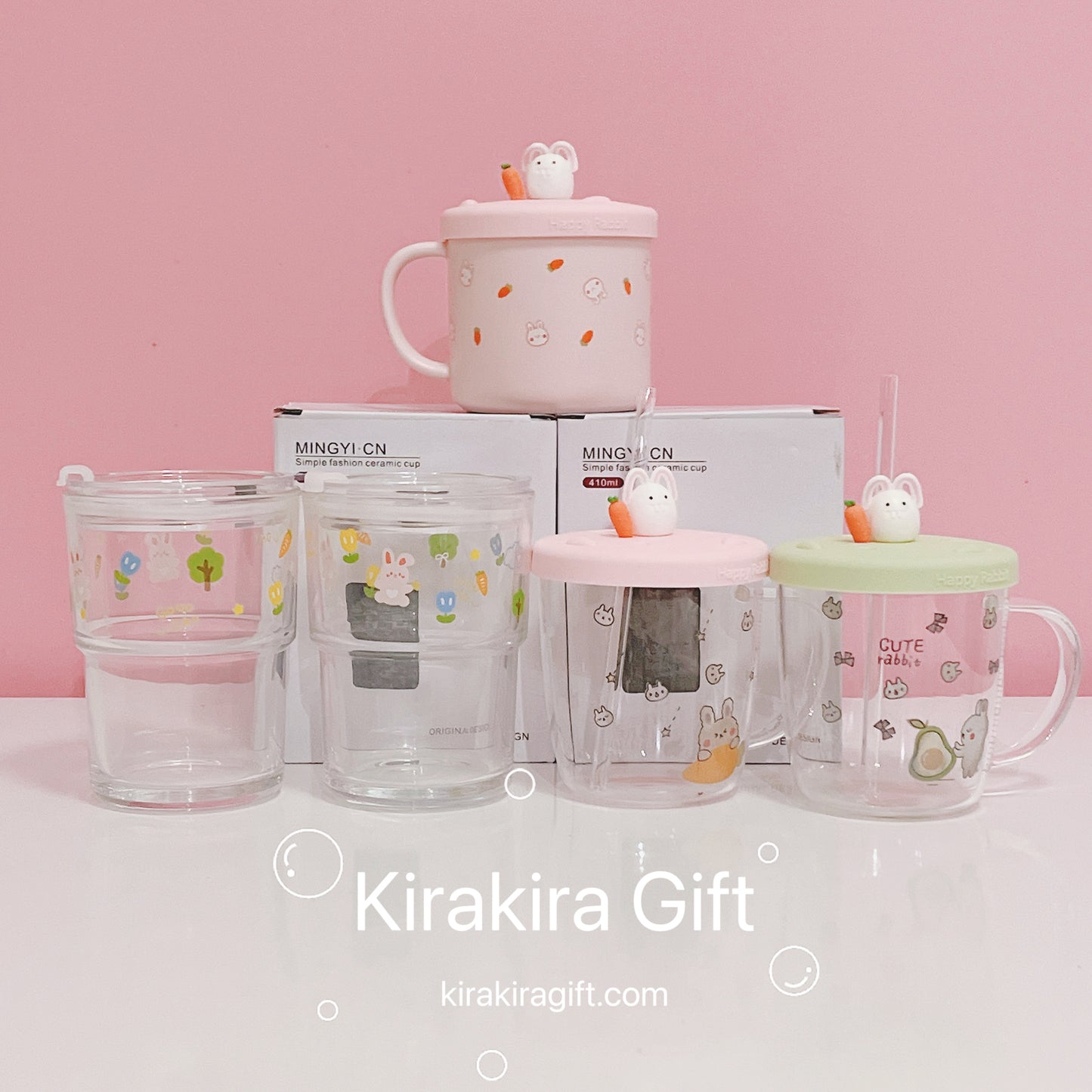 Cute Rabbit Cups with Lids & Straws